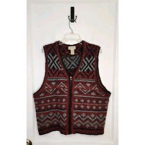St Johns Bay Mens XL Red Sweater Vest Full Zip Fair Isle Maroon Gray Knit